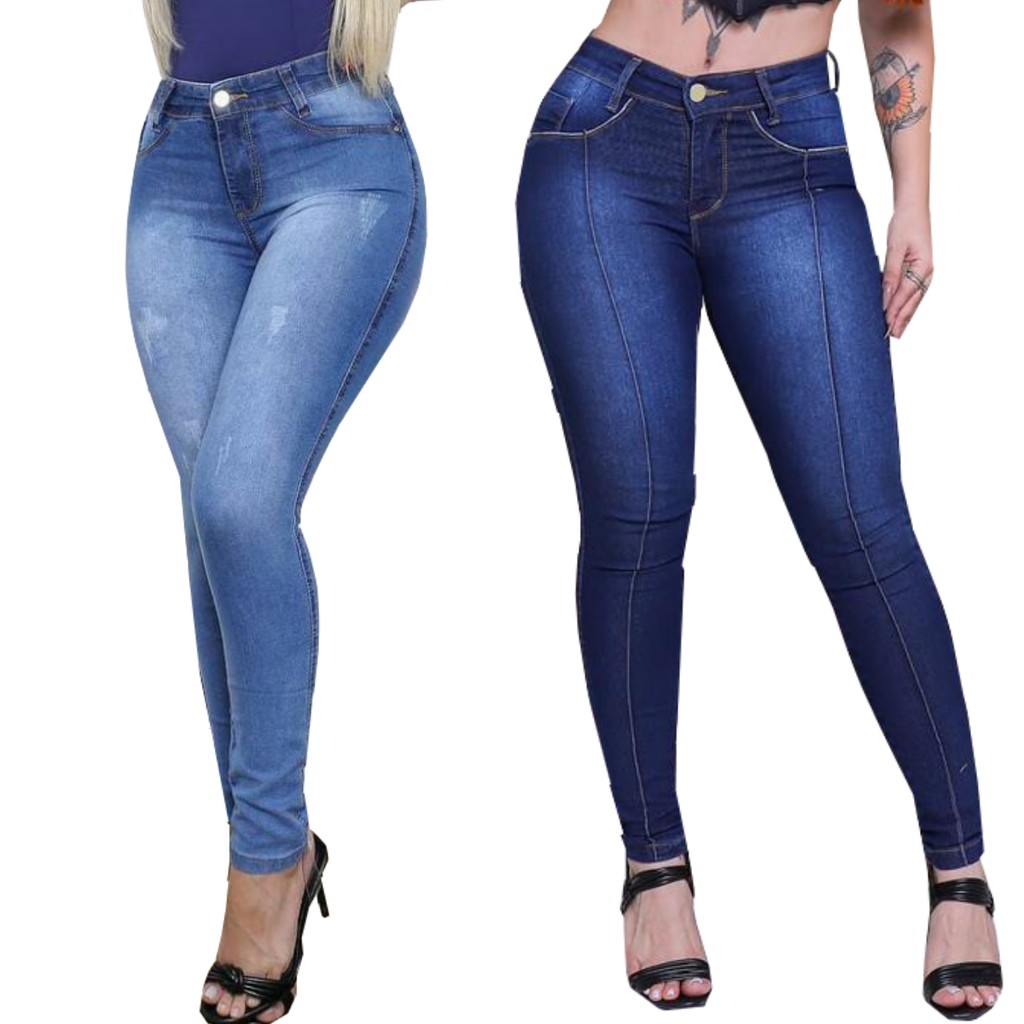 Calças Feminina Jeans Com Cós Alto Até O Umbigo Lycra