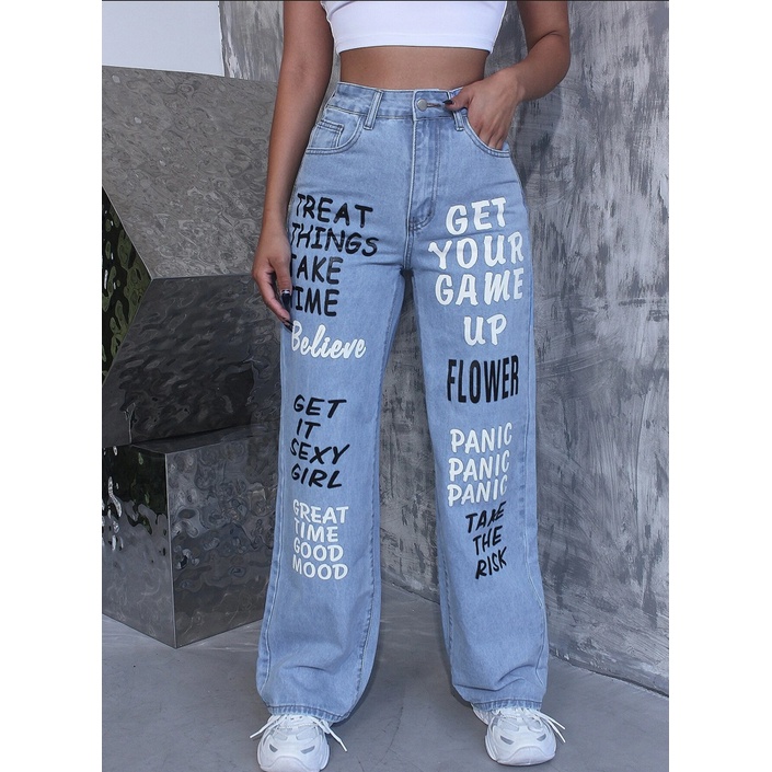 Calça Feminina Wide Leg Estampada Jeans com letras Cintura Alta Pantalona Moda  Gringa Blogueira Linha Premium Levanta Bumbum