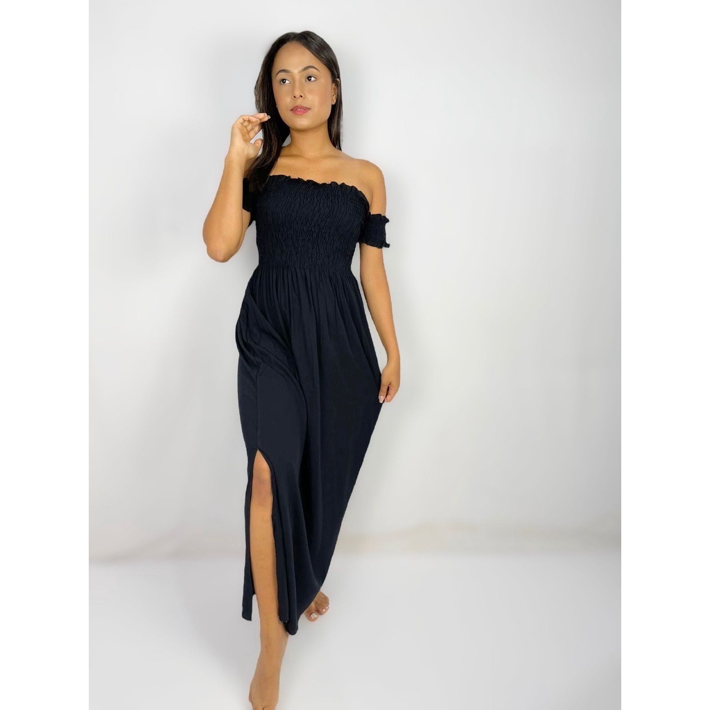 Vestido Longo Liso Alcinha Ajustável - Preto - Atacado ta na moda