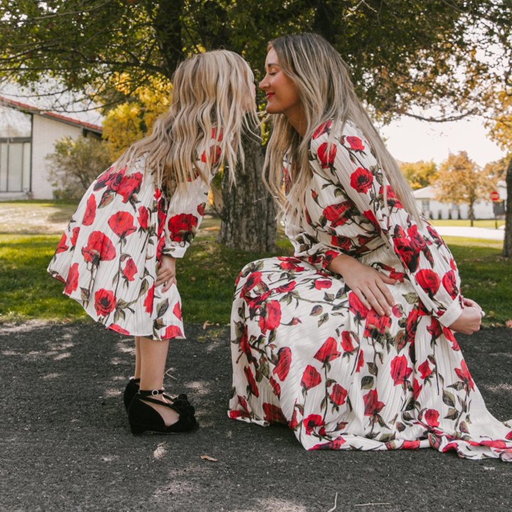 Vestidos florais femininos para mãe e filha, vestido igual, roupas