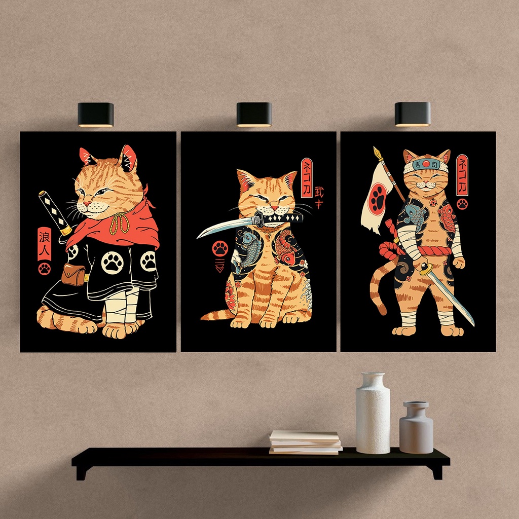 Gato Ninja Oriental Samurai, Quadro com Moldura 33x24cm