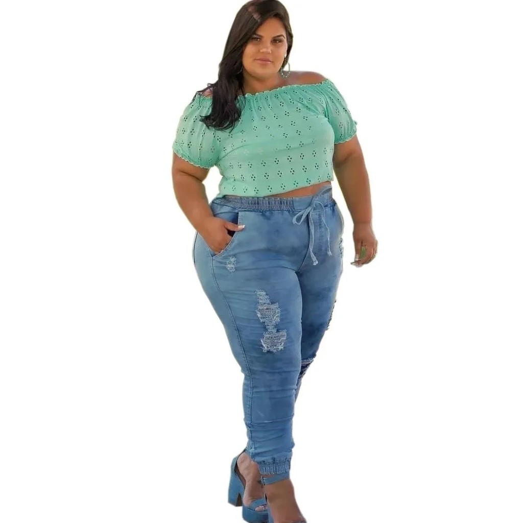 Alto Cintura Jeans Mulher Plus Size Rua Rua Cintura Elástica