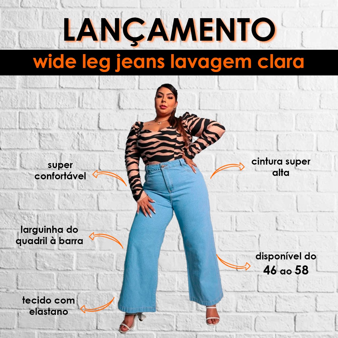 Calça Jeans Wide Leg Pantalona Plus Size 46 Ao 58