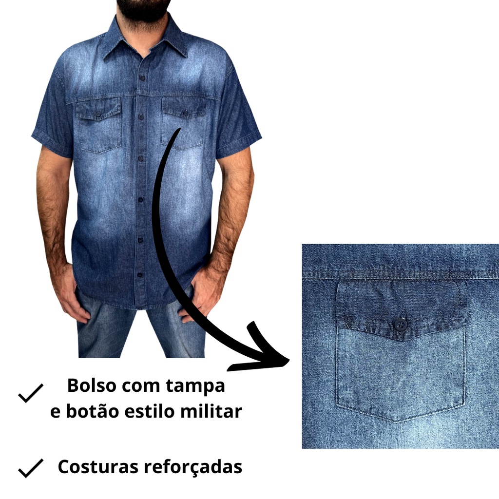 Camisa Militar Masculina Manga Curta Casual De Botão Com Bolso