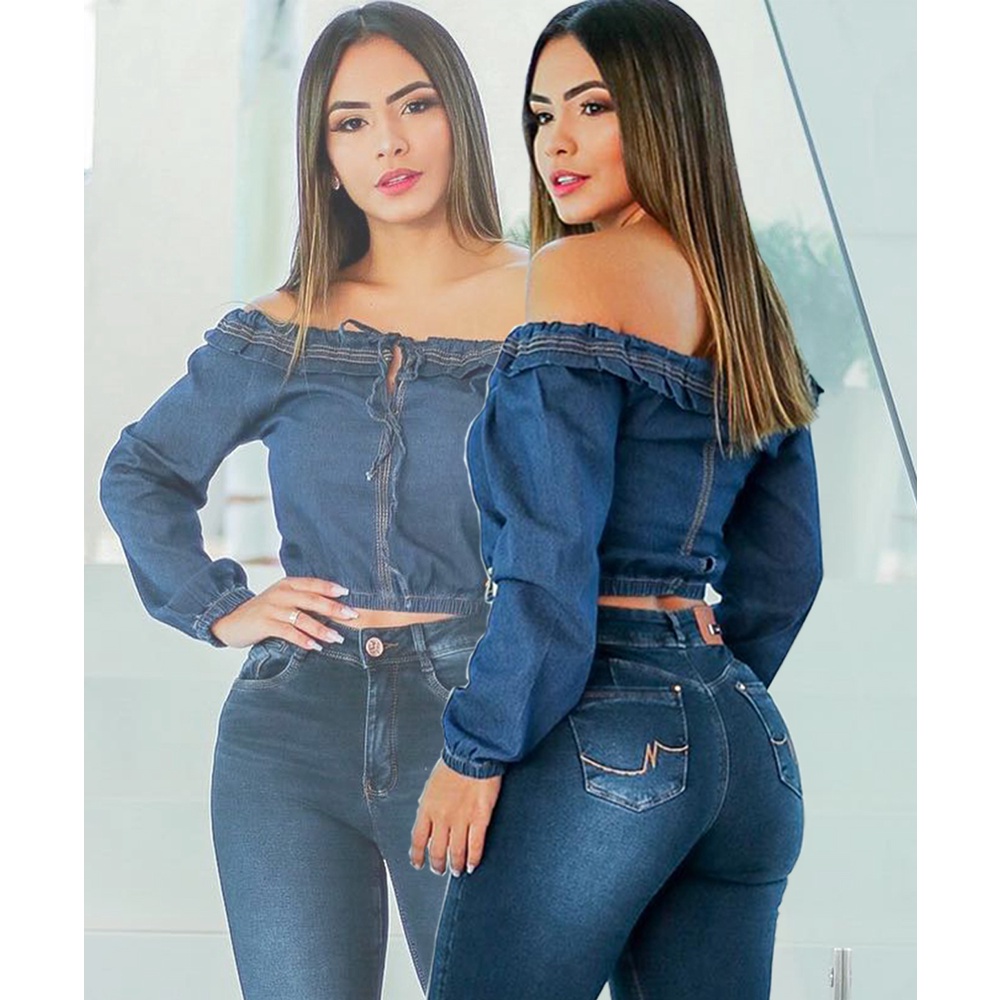 Cropped Jeans Blusinhas com manga Roupas Femininas