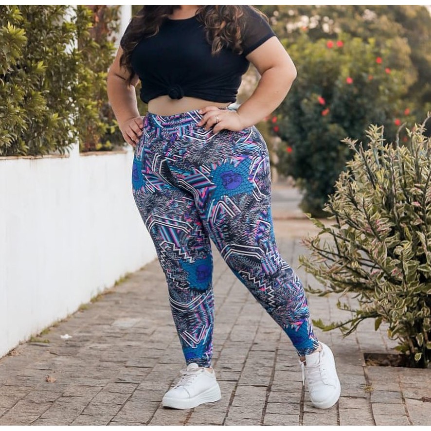 Kit 3 calça feminina legging plus size estampada G1 ao G3 para academia  moda fitness