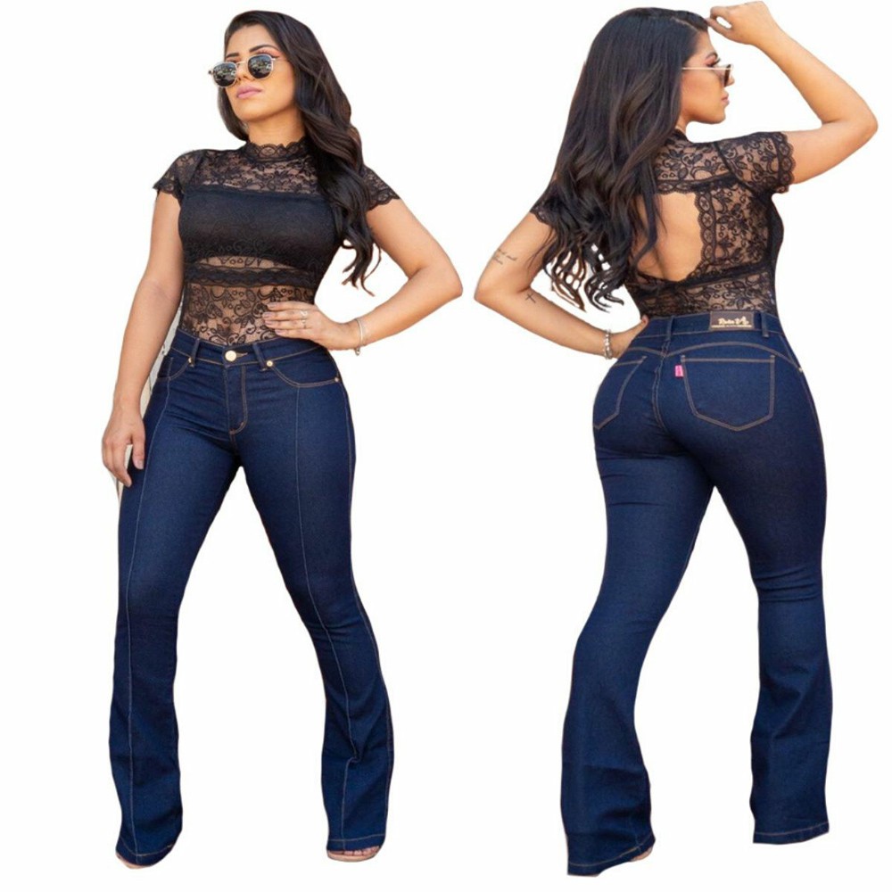 Calças Jeans Feminina com lycra (elastano) Cintura Alta com efeito levanta  bumbum