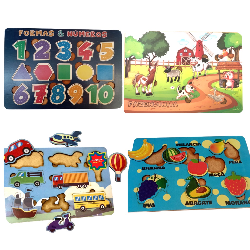 Brinquedos Educativos Kit 4 Quebra-Cabeças de Animais Madeira Infantil  Pedagógico