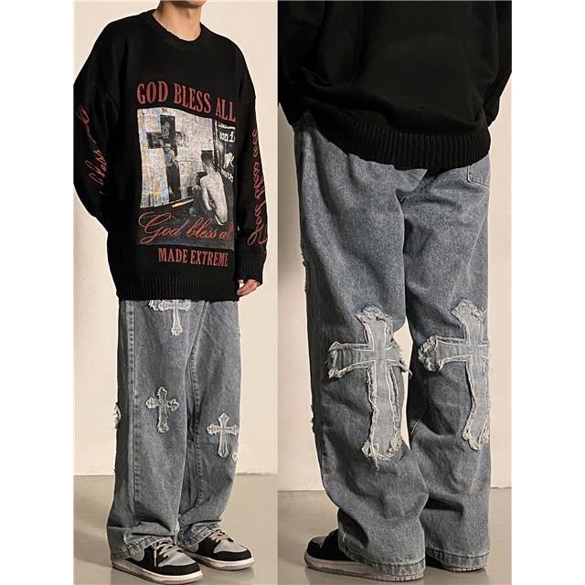 Calça Jeans Masculina Estampada Paródia High Street Divertida Solta Reta  Casual y2k