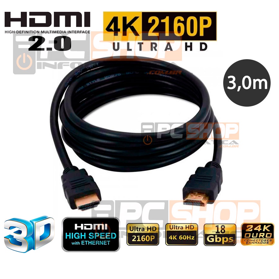 Cabo HDMI 2.0 4K UHD 3D Blindado c/Filtro 1,8m - PCSHOP Informática