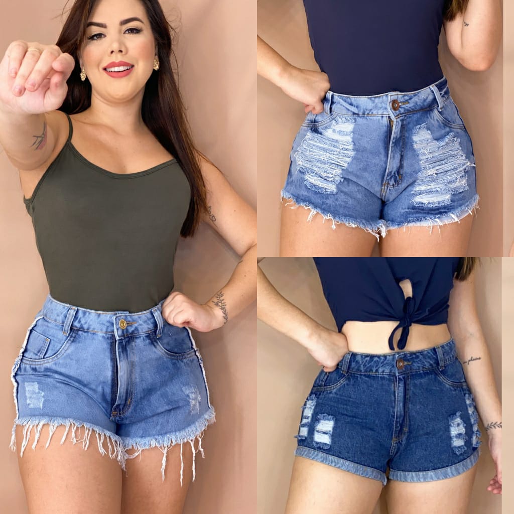 Shorts Hot Pants Feminino Com Puídos Cintura Alta Destroyed – Deerf Jeans