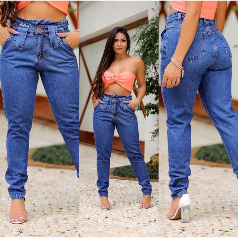 Calça Jeans Escura Mon Cintura Alta Passante Largo Estilosa Tendência Moda