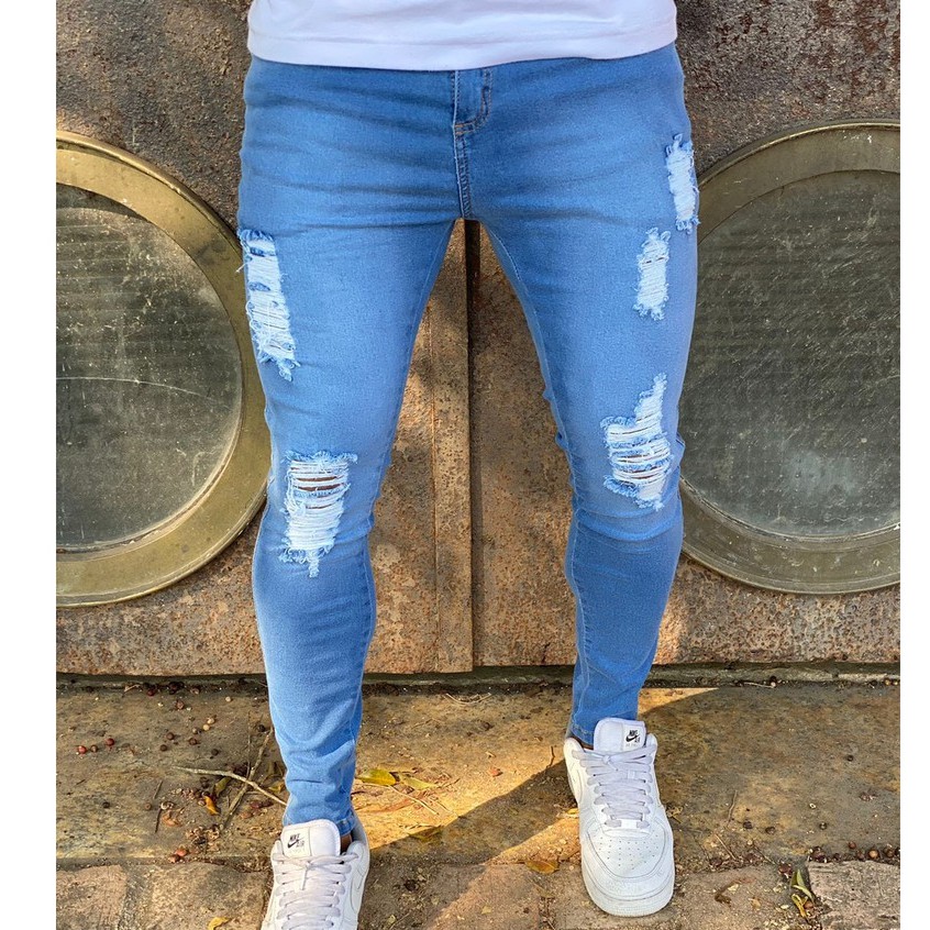 Calça Super Skinny Masculina Com Lycra Jeans Ziper na Perna