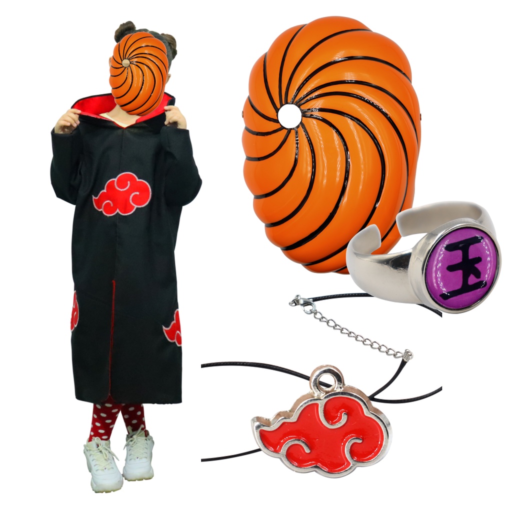 Manto Akatsuki Com Máscara Tobi + 2 Colares E Anel