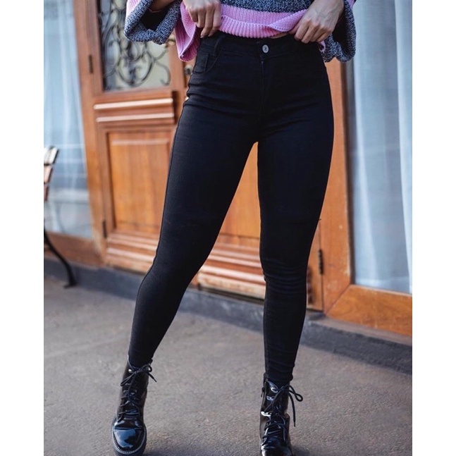 Calça Jeans Feminina Preta Básica Skinny Cintura Alta Com Lycra