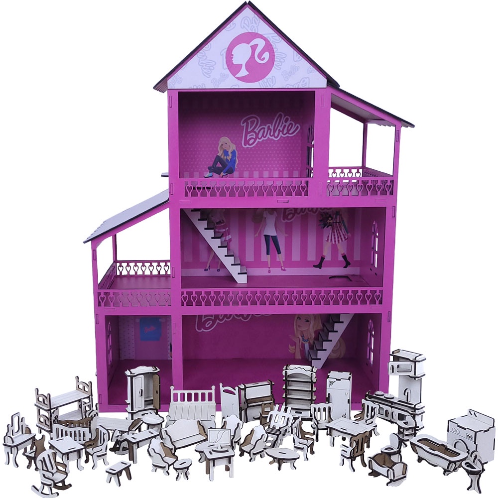 Casinha De Boneca Barbie Mdf Pintada Adesivada + 43 Móveis Brancos | Shopee  Brasil