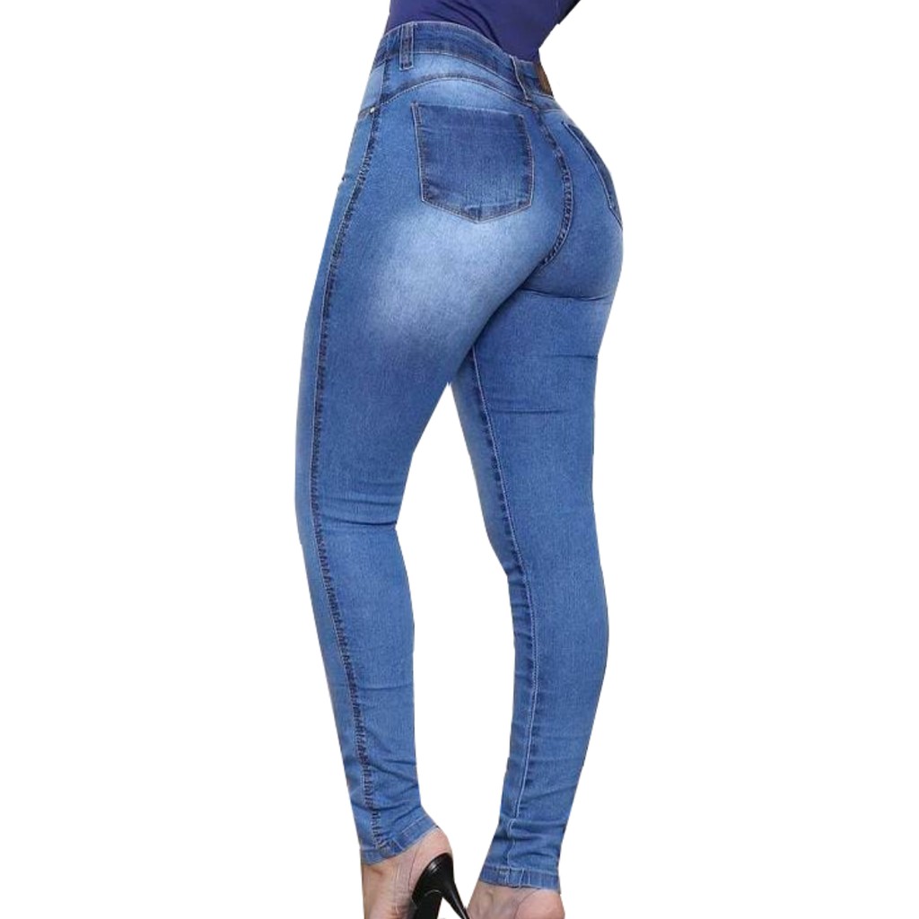 Calças Feminina Jeans Com Cós Alto Até O Umbigo Lycra