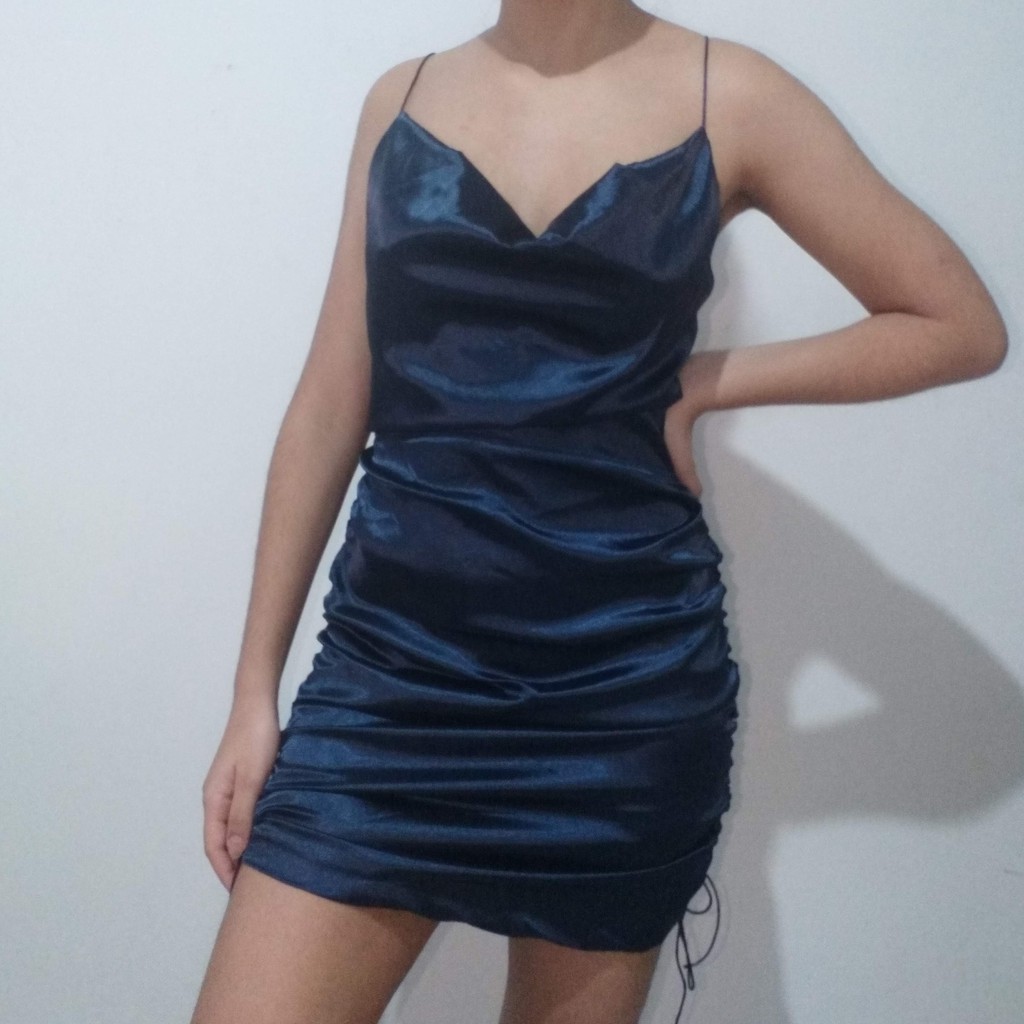 vestido de seda azul marinho tumblr aesthetic Shopee Brasil