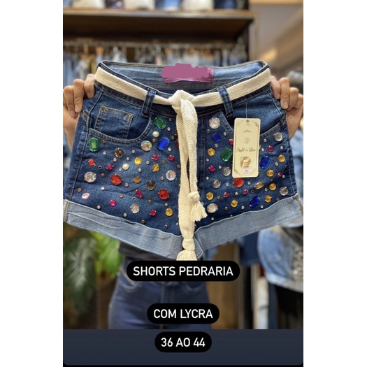 Shorts Jeans Feminino Bordado com Pedraria Cintura Alta Com ou Sem Lycra  Moda Verão 2022 Moda Gringa.