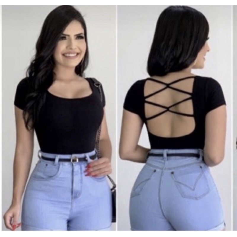 Body blusa feminino manga curta transpassada nas costas moda