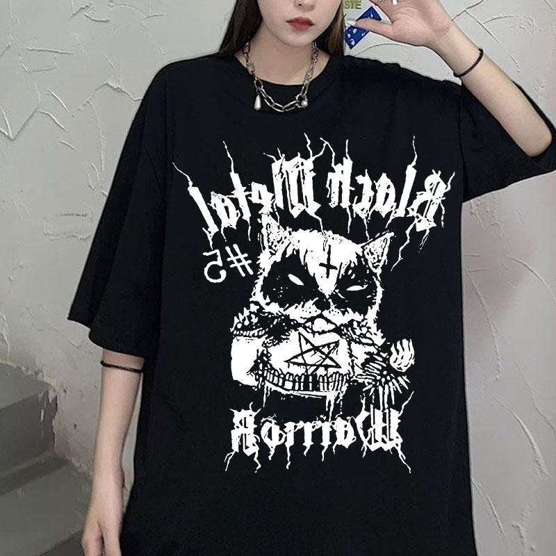 Camiseta feminina casual japonesa, camiseta harajuku dark anime estampada  folgada