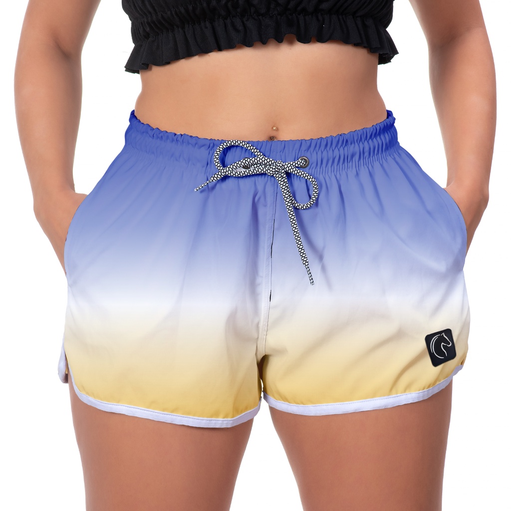 Short Praia Feminino W2 Degrade Azul e Amarelo Academia Casual Caminhada  Esportivo Voley