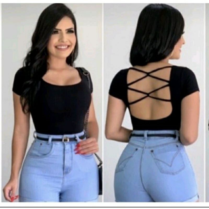 Body Feminino Canelado Bori Costa Nua Tran ado Com Manga M G e GG