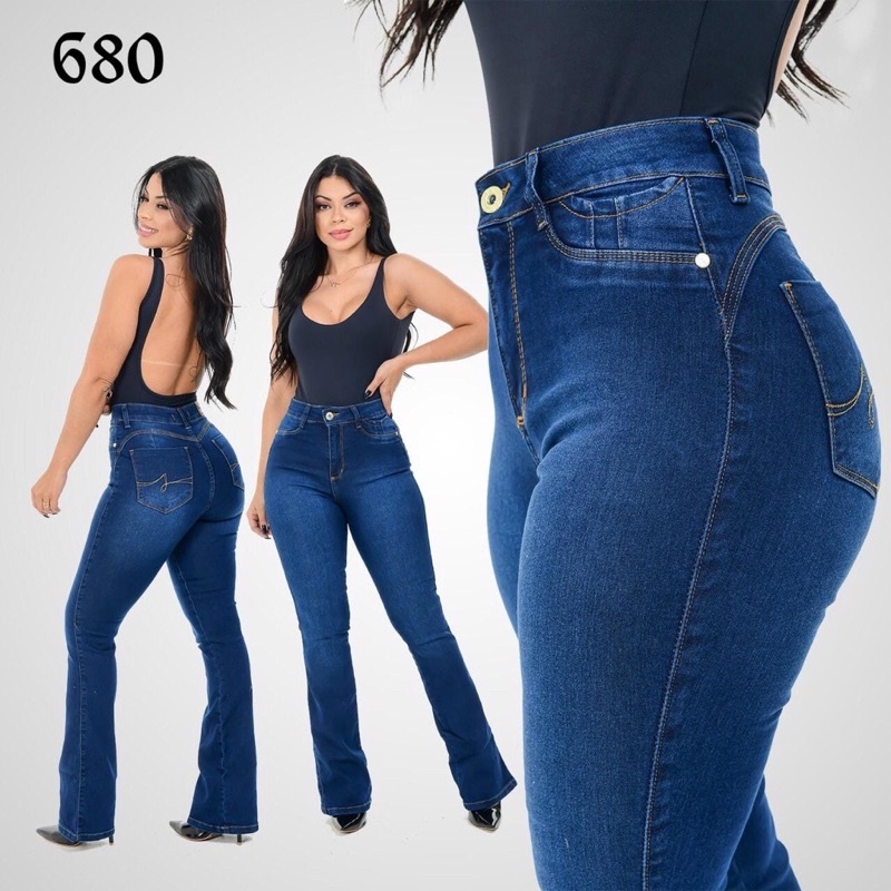 Calça jeans cintura alta store flare feminina cós alto panicat