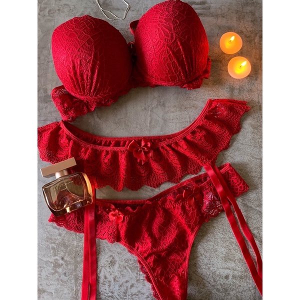 Conjunto Moda Intima Feminina Lingerie Renda Vermelho no Shoptime