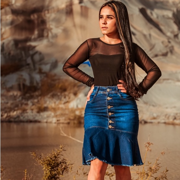 Saia Jeans Com Babado Moda Feminina Evangelica Cintura Alta Lycra