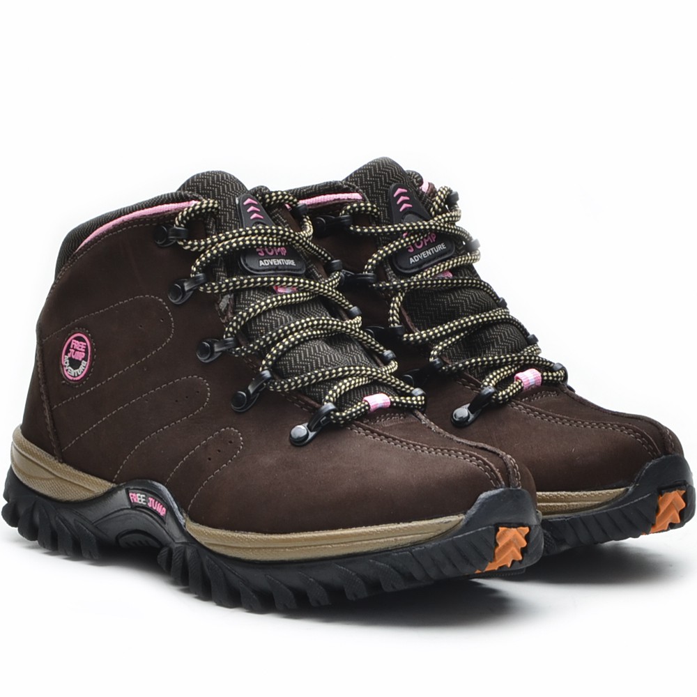 Coturno adventure feminino em couro nobuck preto com detalhe 2024 rosa