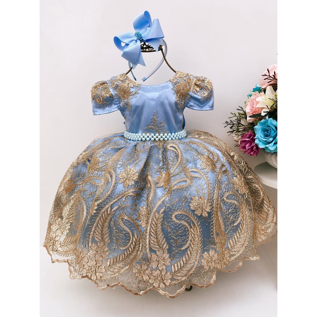 Vestido Infantil Frozen Princesas Com Cinto de Pérolas