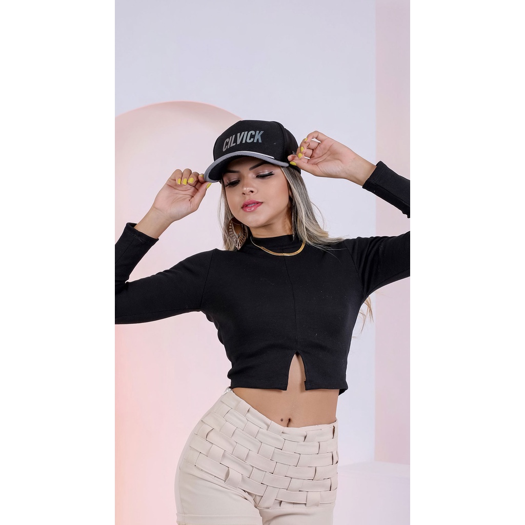 Blusa Feminina Tipo Cropped Manga Longa Social com Gola