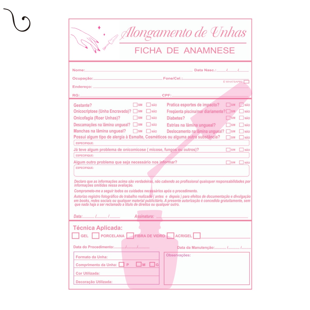 Ficha Anamnese Alongamento Unhas - Nail Desinger 100Folhas