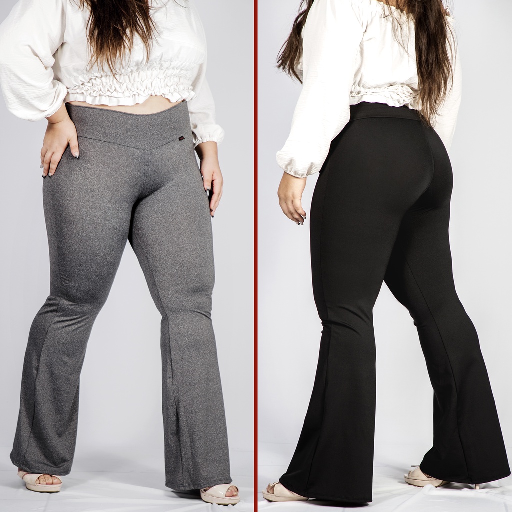 Calça Plus Size Feminina Sarja Flare Com Bolsos Preta