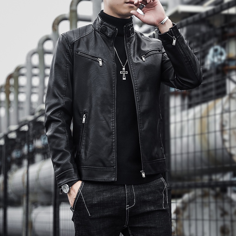 Men's Fashion Punk Leather Jacket Handsome Soild Color Men's Coat Motor  Leather Jacket Male Jaqueta Masculinas Couro Outwear