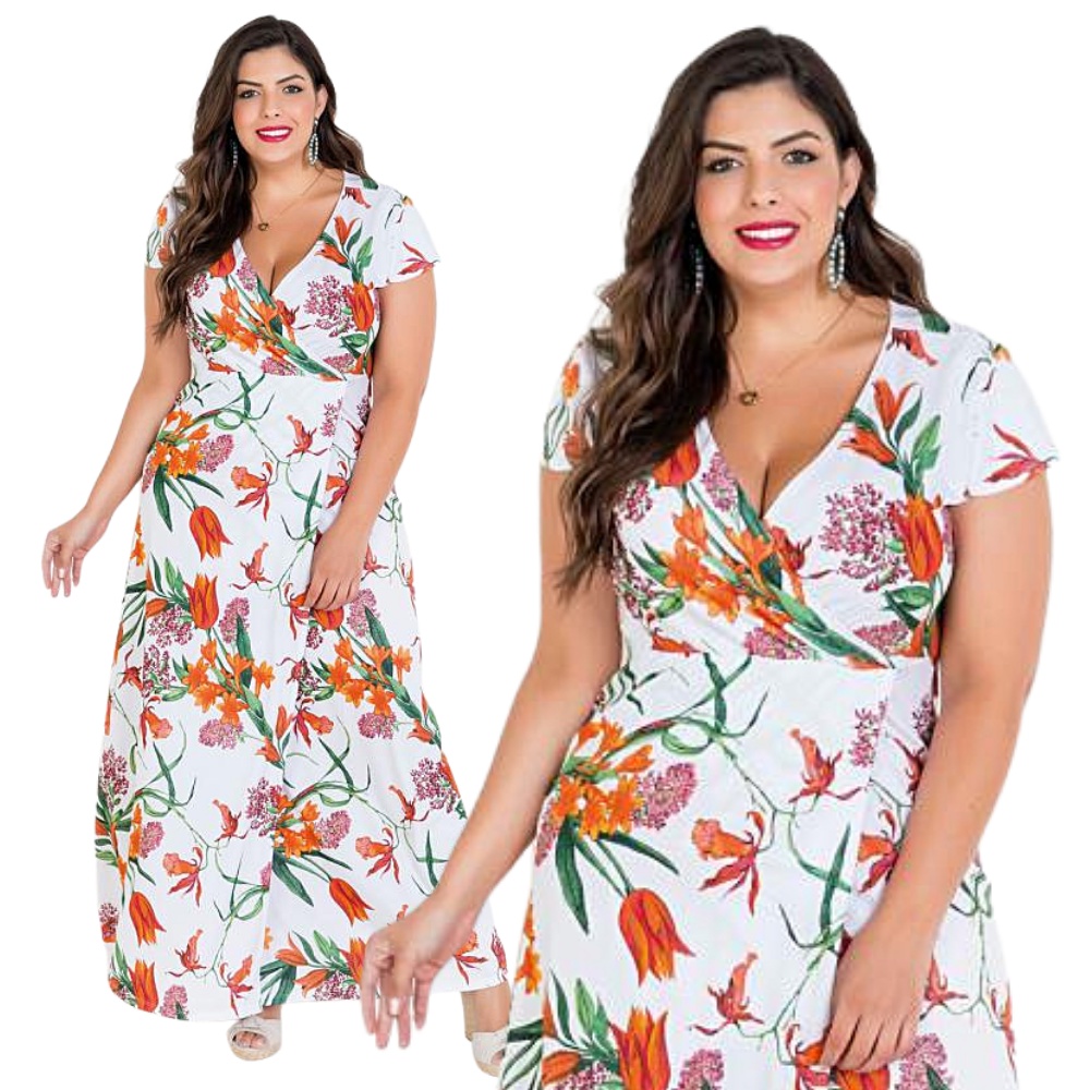 Vestido Gode Viscose Branco Floral - Plus Size