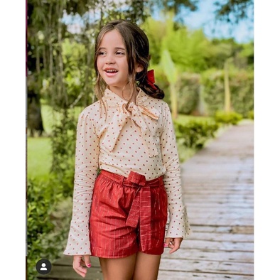 Conjunto Infantil Shorts Xadrez Vermelho e Ciganinha Rosinhas