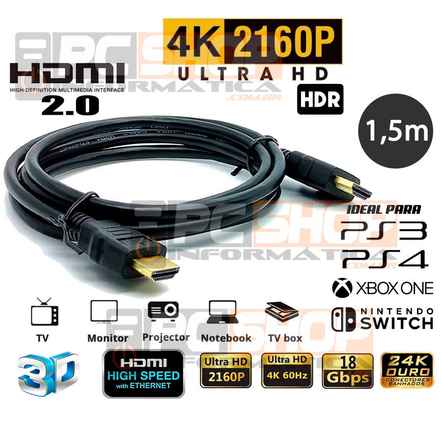 Cabo HDMI 2.0 4K UHD 3D Blindado c/Filtro 1,8m - PCSHOP Informática