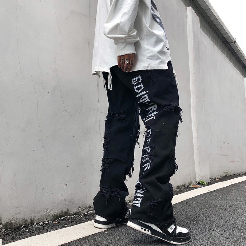 Calça Jeans Masculina Masculina Solta Rasgada Hip Hop Calças Retas