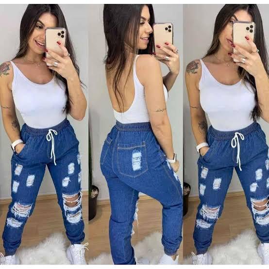 Calça Feminina Jogger Jeans Rasgos Rasgada Cintura Alta Blogueiras