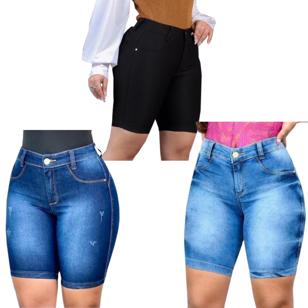 Short Jeans Feminino Shorts Cargo Com Lycra Cintura Alta Barra Mom