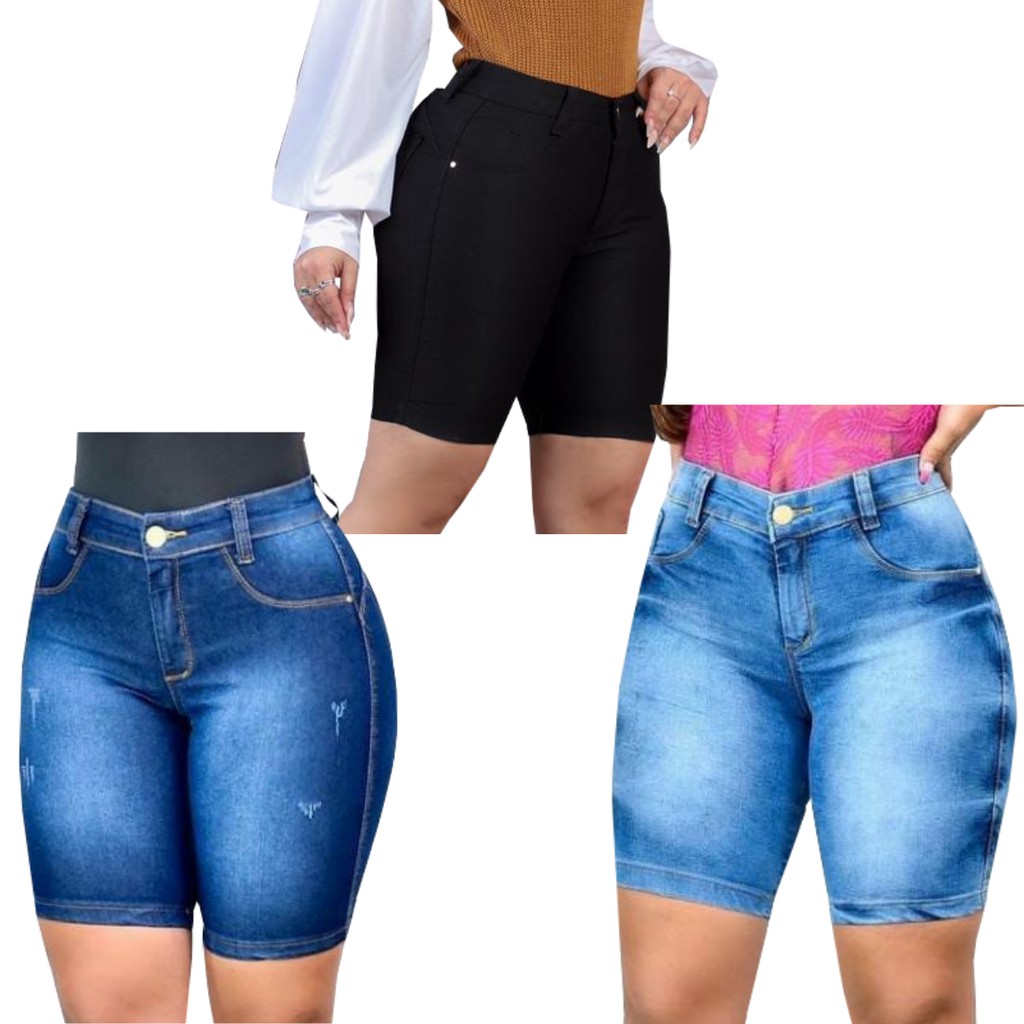 Kit 3 Bermuda Feminina Jeans C.licra C.efeito Levanta Bumbum