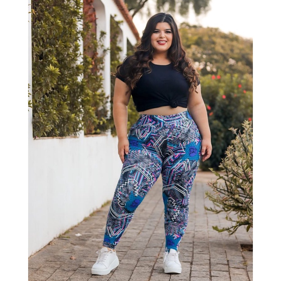 Kit 3 calça feminina legging plus size estampada G1 ao G3 para academia  moda fitness