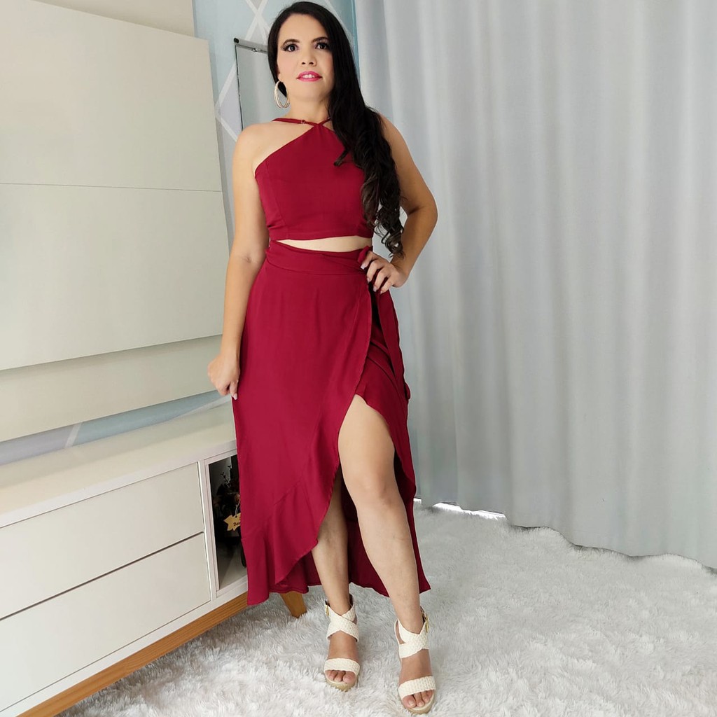 Conjunto Feminino 1 Saia Envelope E 1 Cropped Alcinhas Forquilha