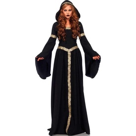 Vestido bruxa medieval acompanha chapéu na cor preta veludo