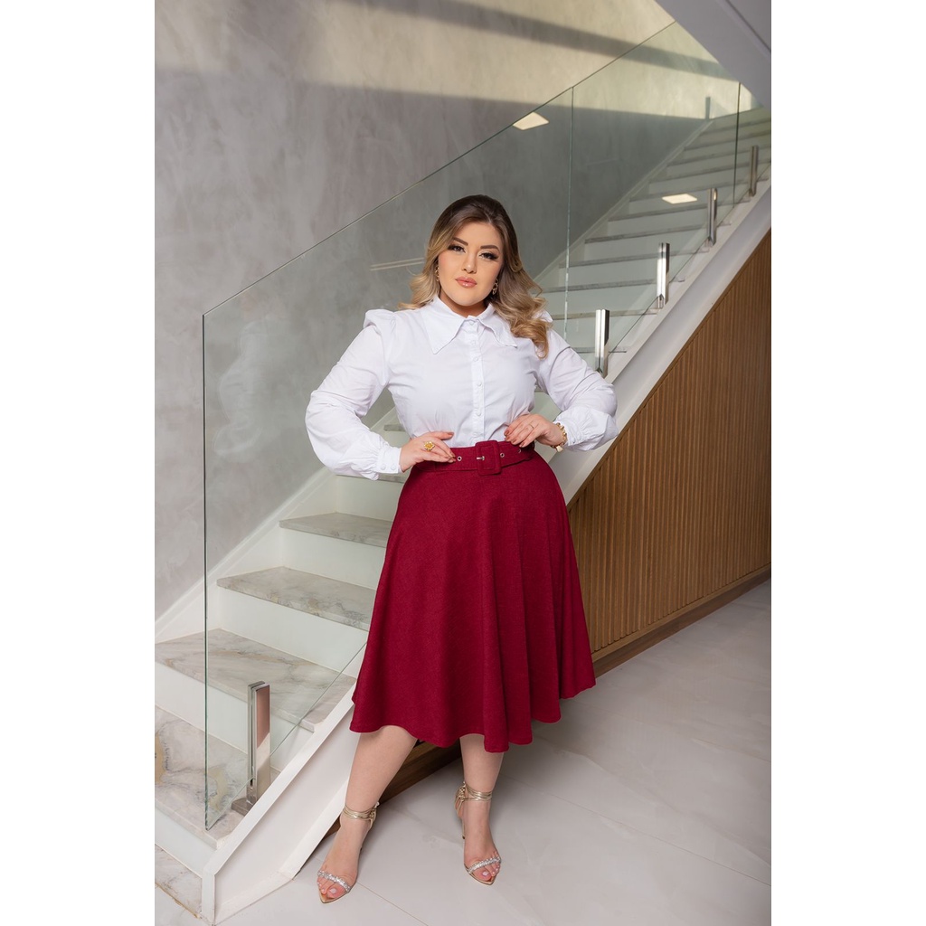 Saia Plus Size Midi Rodada Moda Modesta Acinturada Elegante