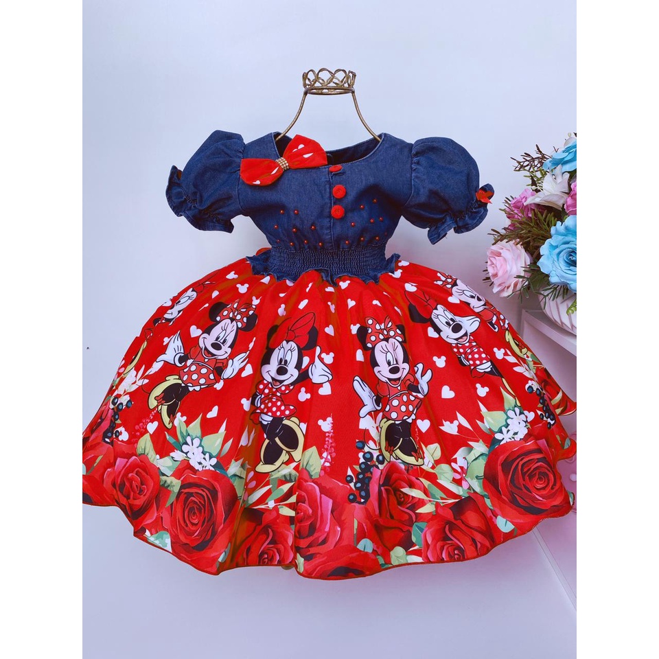 VESTIDO INFANTIL PRINCESA SOFIA LILÁS BUSTO JEANS C/ LAÇO P/ CABELO