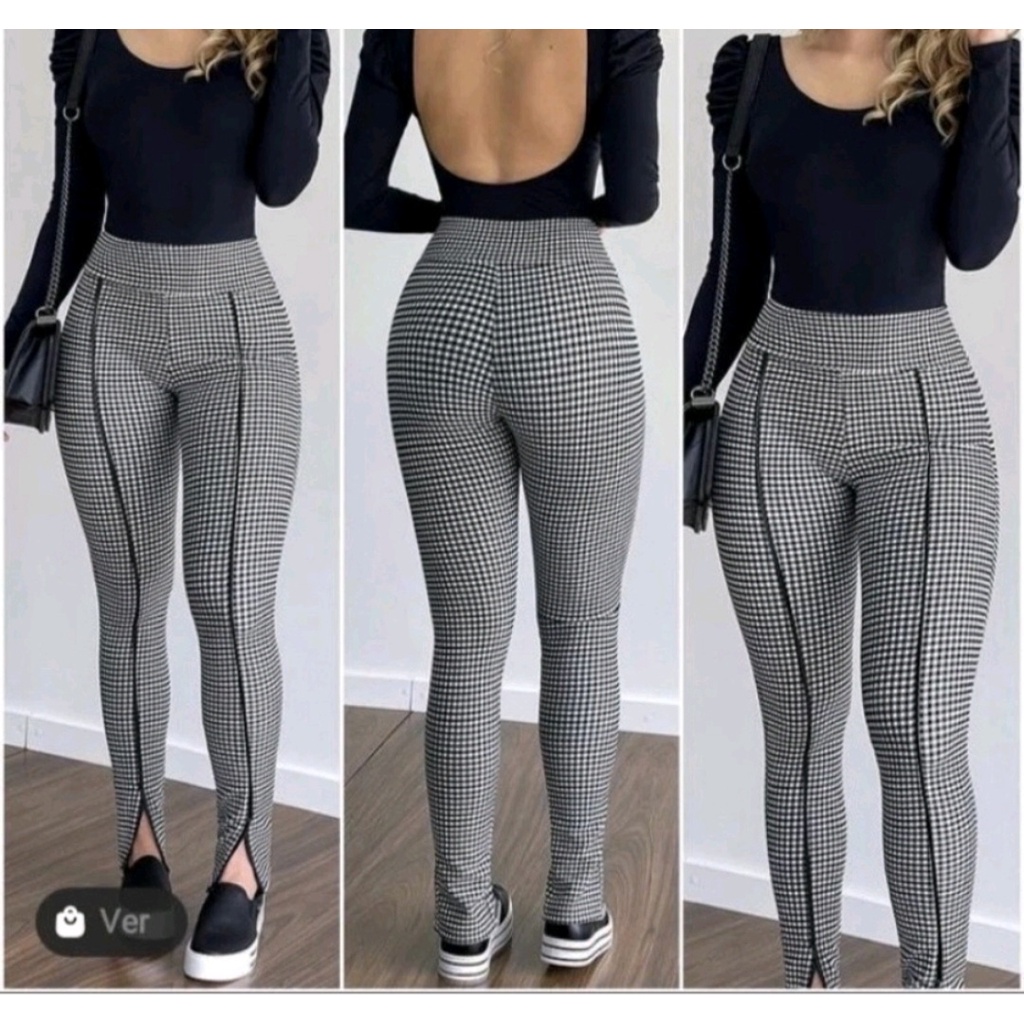 Calça Xadrez Feminina Skinny luxo Risco Cintura Alta Tendência