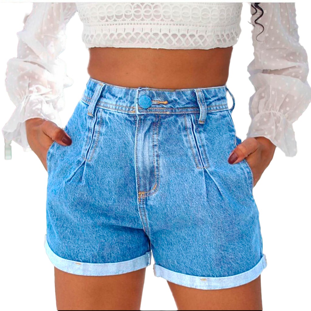 Short Feminino, Short Jeans Cintura Alta Com Bolso real fabrica